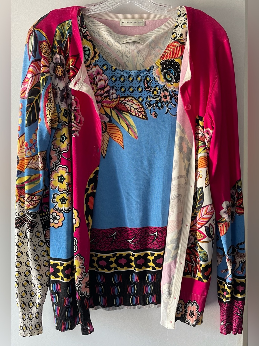 ETRO VIBRANT PINK FLORAL & ANIMAL PRINT SWEATER TWIN SET - LADIES SIZE 48 IT